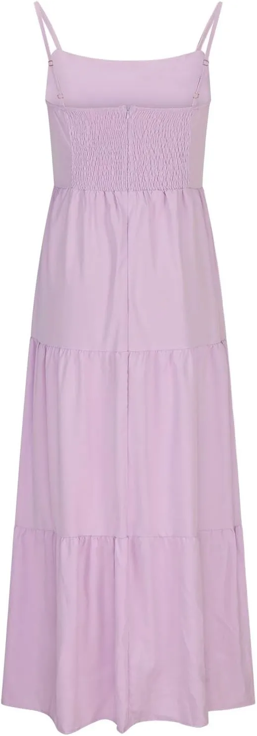 Women Dresses 2024 Summer Spaghetti Straps Sleeveless Hollow Out Sundress Flowy Smocked Lace Swing A Line Midi Dress