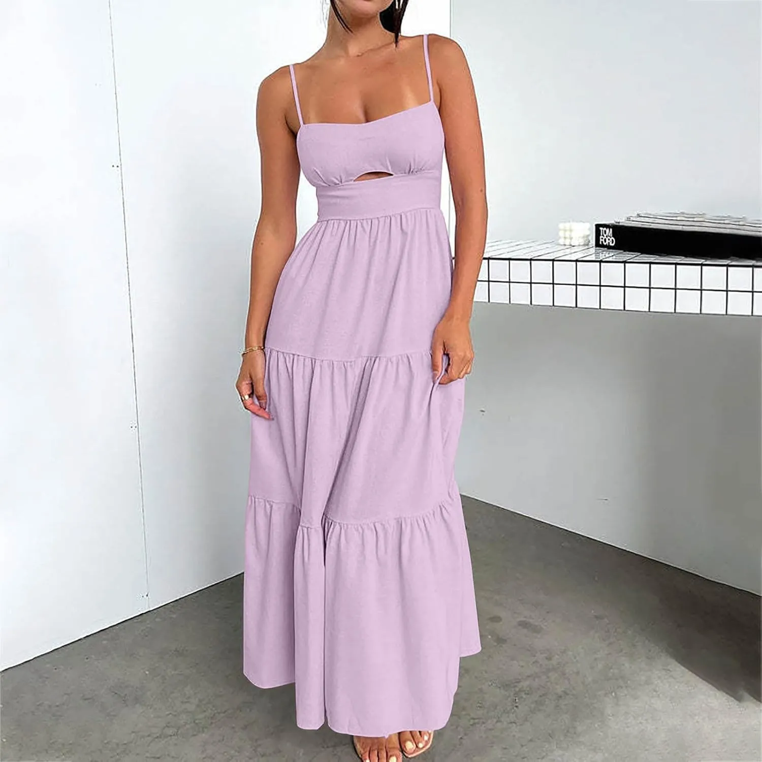 Women Dresses 2024 Summer Spaghetti Straps Sleeveless Hollow Out Sundress Flowy Smocked Lace Swing A Line Midi Dress