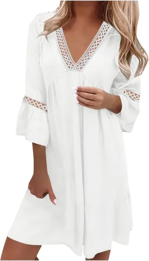 Women Floral Sleeve Ruffle Mini Dresses Sexy Lace Crochet V Neck Smocked Dress Summer Casual Pleated Swing Sundress
