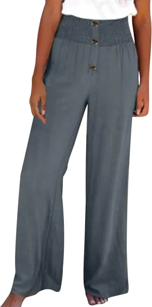 Women Flowy Palazzo Pants Cotton Linen Wide Leg Pant Long Lounge Beach Slacks Smocked High Waist Button Trousers