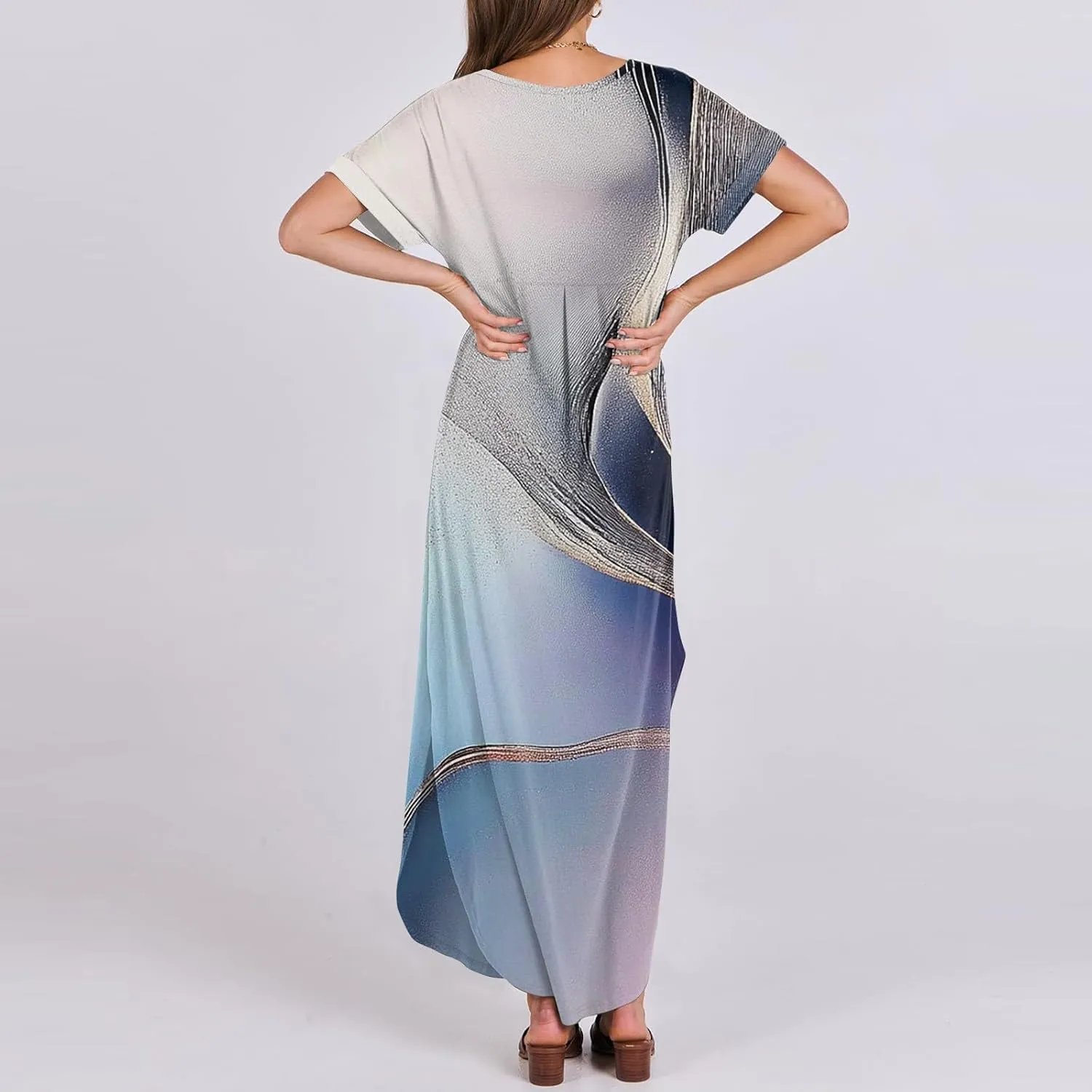 Women Maxi Dresses Summer Short Sleeve Crewneck Split Hem T Shirt Dress with Pocket Solid Vacation Party Dresses