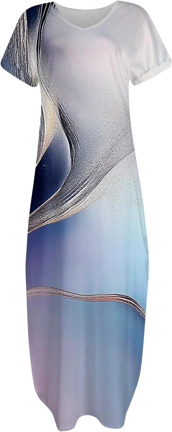 Women Maxi Dresses Summer Short Sleeve Crewneck Split Hem T Shirt Dress with Pocket Solid Vacation Party Dresses