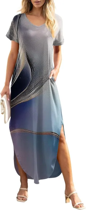 Women Maxi Dresses Summer Short Sleeve Crewneck Split Hem T Shirt Dress with Pocket Solid Vacation Party Dresses