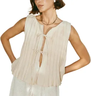Women Sleeveless Boho Pleated Front Tie Solid Loose Fit Casual Tie Knot Tank T-Shirt Y2k Lace Up Bow Going Out Top