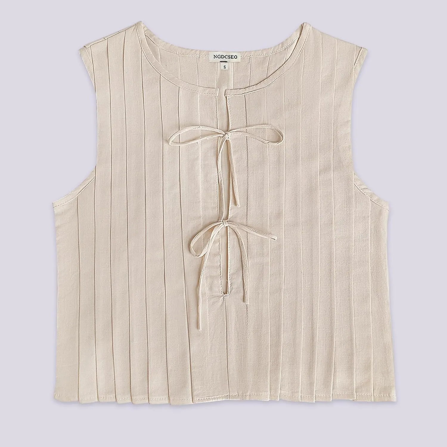 Women Sleeveless Boho Pleated Front Tie Solid Loose Fit Casual Tie Knot Tank T-Shirt Y2k Lace Up Bow Going Out Top