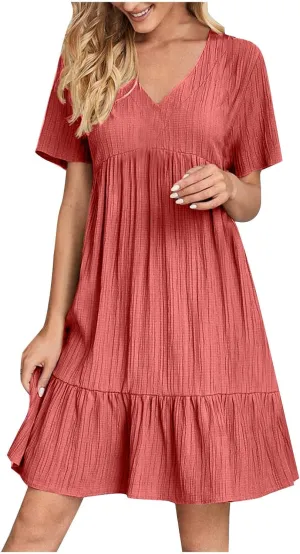 Women V Neck Casual Dresses Summer Loose Short Sleeve Mini Dress Ruffle Cute Beach Swing Boho 2025 Vacation Outfits