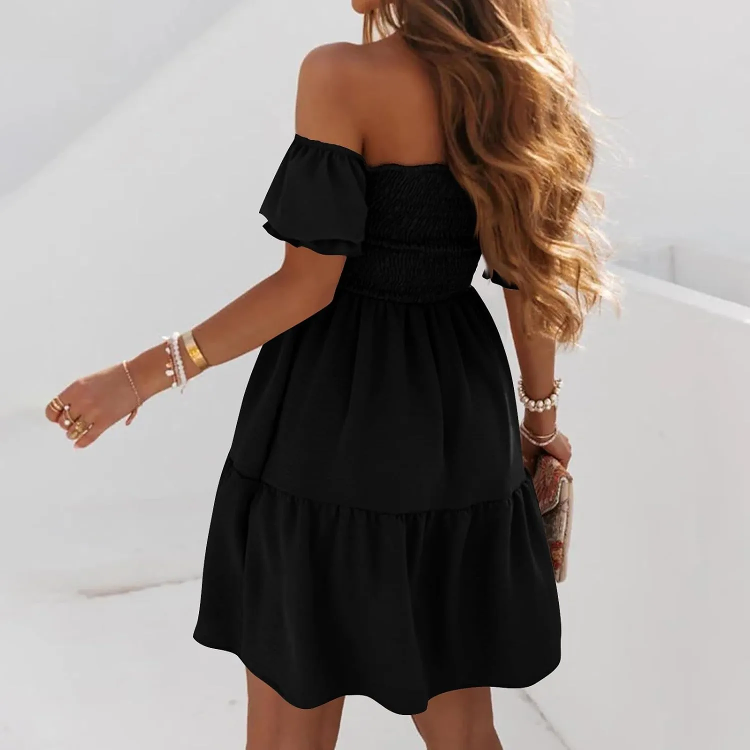 Women's 2024 Boho Summer Square Neck Puff Sleeve Off Shoulder Smocked Tiered Casual Ruffle A Line Flowy Mini Dress