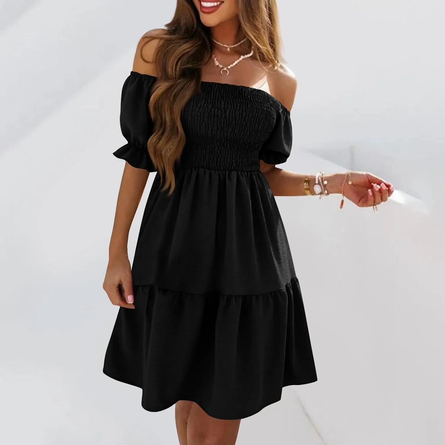 Women's 2024 Boho Summer Square Neck Puff Sleeve Off Shoulder Smocked Tiered Casual Ruffle A Line Flowy Mini Dress
