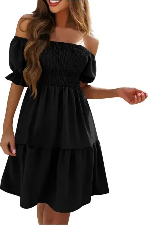 Women's 2024 Boho Summer Square Neck Puff Sleeve Off Shoulder Smocked Tiered Casual Ruffle A Line Flowy Mini Dress