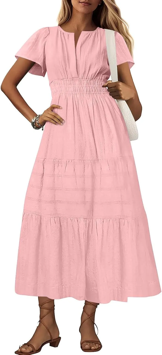 Womens 2025 Summer Casual Midi Dresses Casual Short Sleeve V Neck Elastic Waist Boho Beach Dress with Pockets