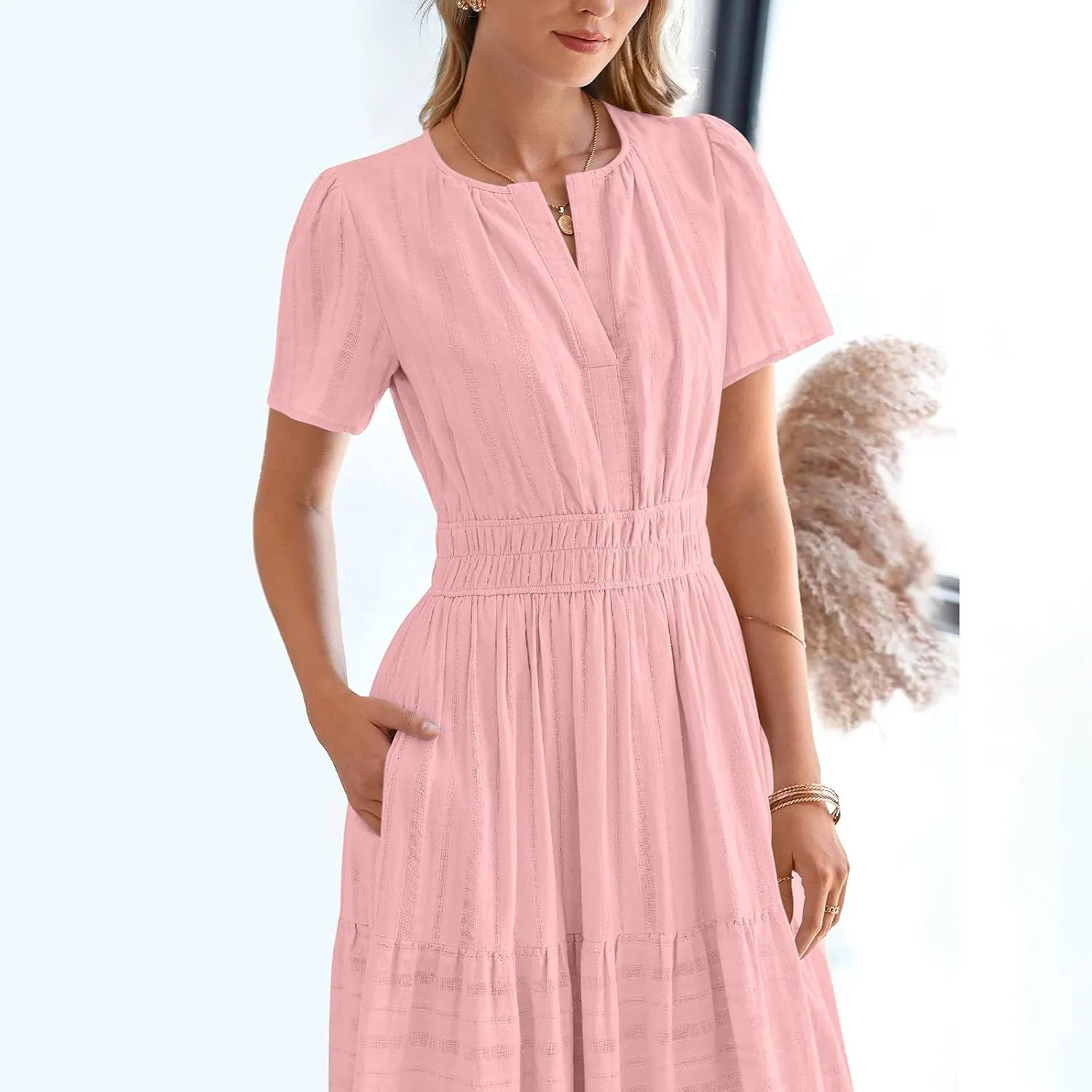 Womens 2025 Summer Casual Midi Dresses Casual Short Sleeve V Neck Elastic Waist Boho Beach Dress with Pockets