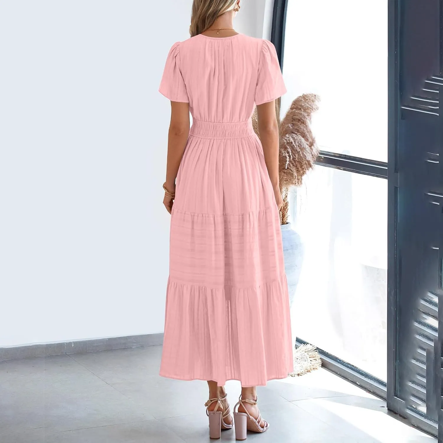 Womens 2025 Summer Casual Midi Dresses Casual Short Sleeve V Neck Elastic Waist Boho Beach Dress with Pockets