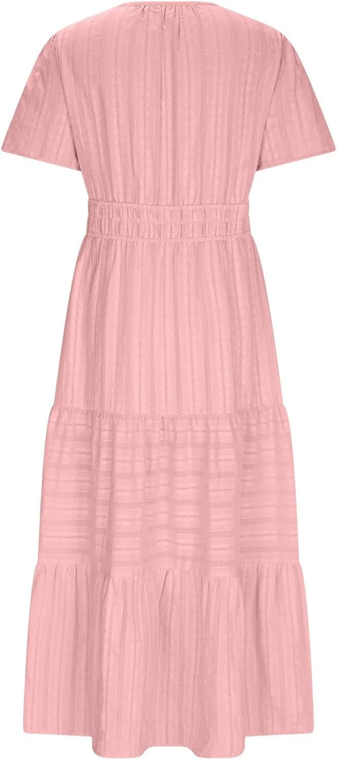 Womens 2025 Summer Casual Midi Dresses Casual Short Sleeve V Neck Elastic Waist Boho Beach Dress with Pockets