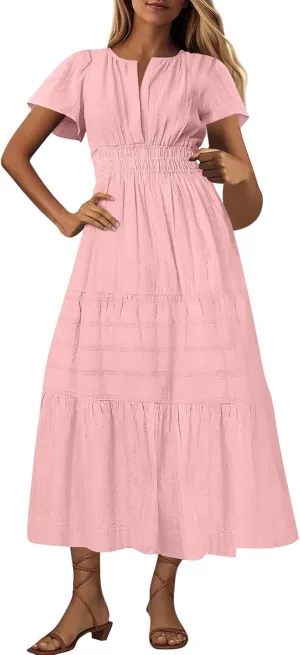 Womens 2025 Summer Casual Midi Dresses Casual Short Sleeve V Neck Elastic Waist Boho Beach Dress with Pockets