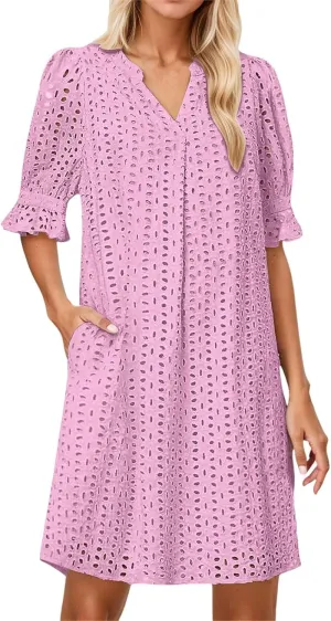 Women's 2025 Summer Short Sleeve Mini Dress V Neck Ruffle Hollow Out Eyelet Lace Dresses Summer Dress for