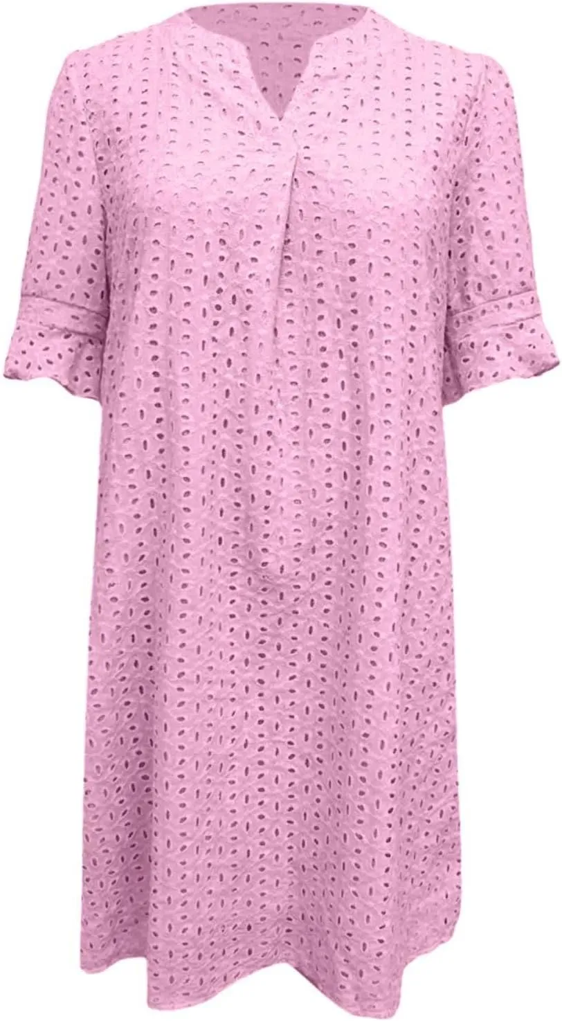 Women's 2025 Summer Short Sleeve Mini Dress V Neck Ruffle Hollow Out Eyelet Lace Dresses Summer Dress for