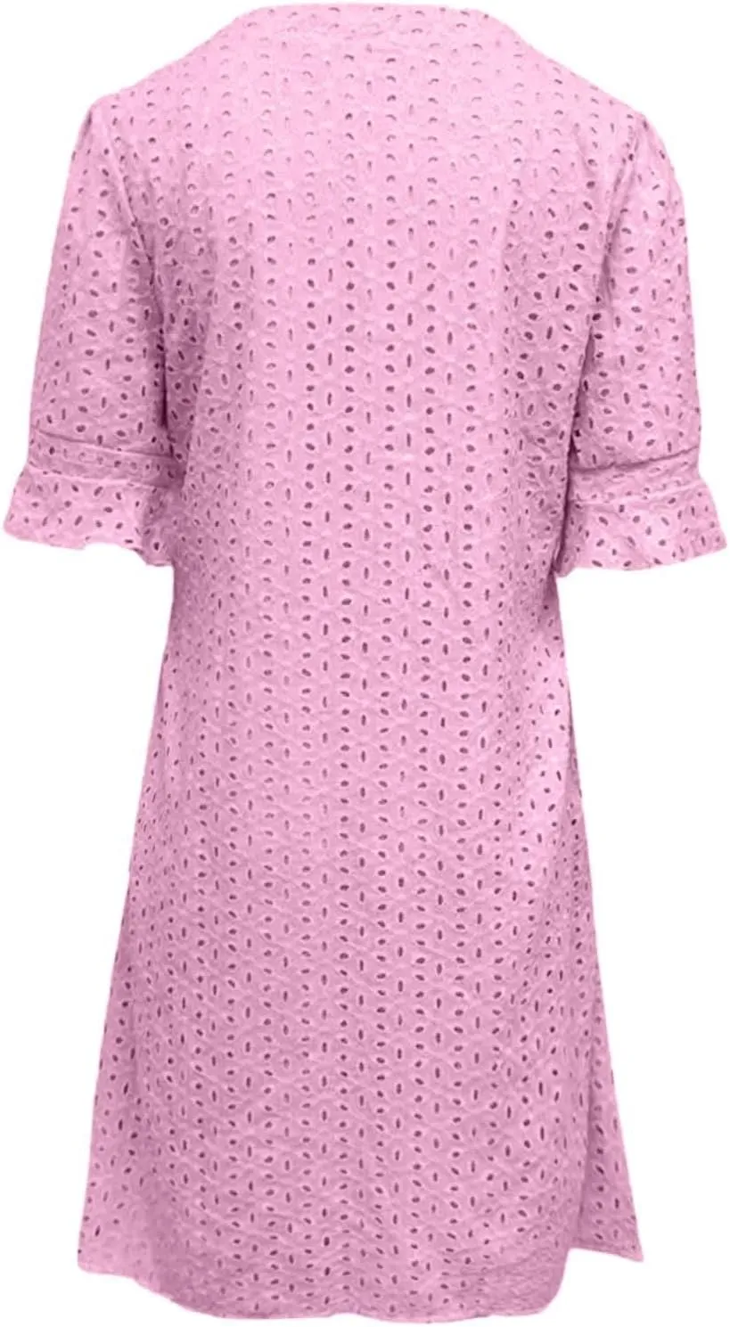 Women's 2025 Summer Short Sleeve Mini Dress V Neck Ruffle Hollow Out Eyelet Lace Dresses Summer Dress for