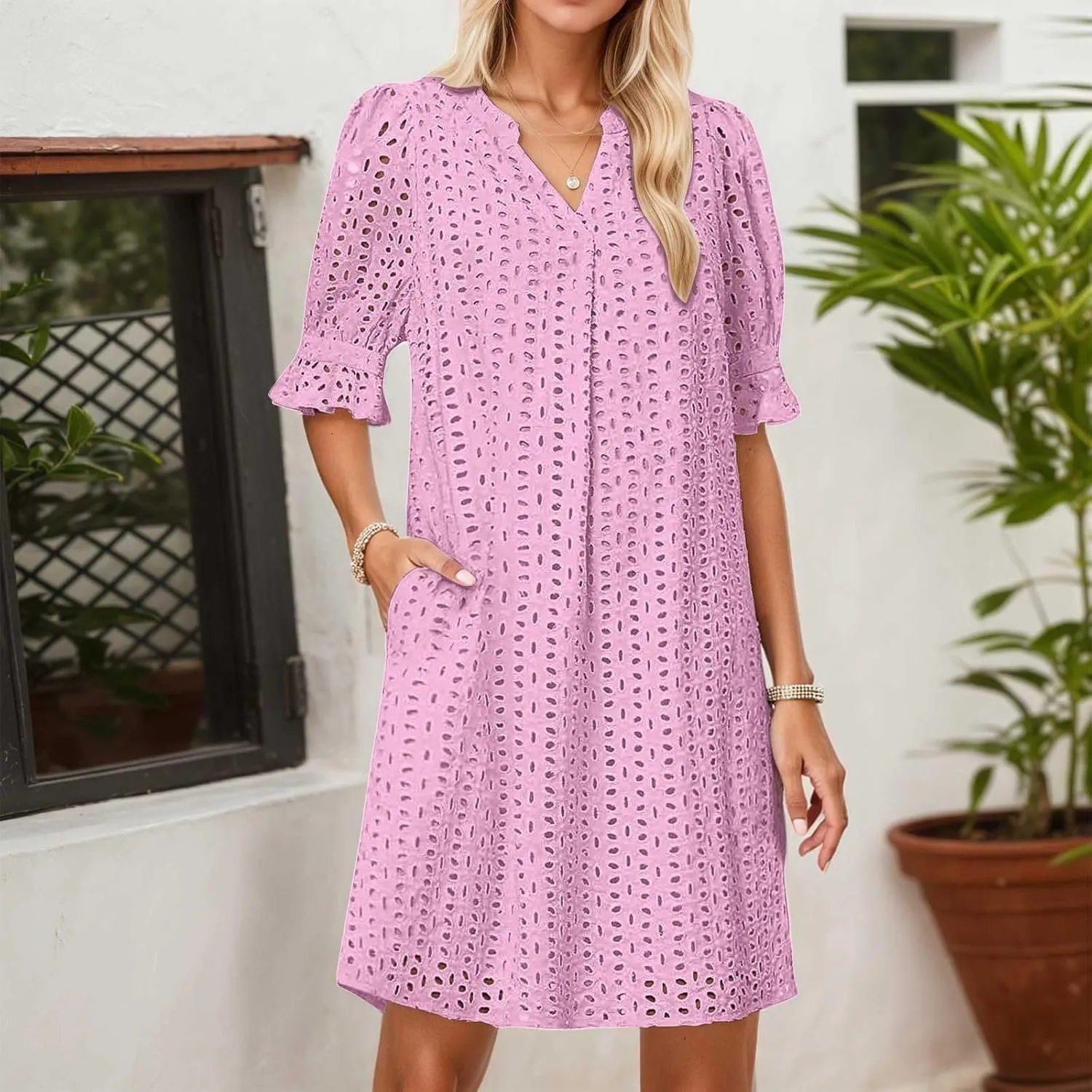 Women's 2025 Summer Short Sleeve Mini Dress V Neck Ruffle Hollow Out Eyelet Lace Dresses Summer Dress for