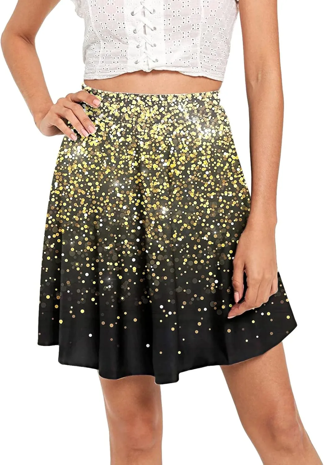 Womens A Line Midi Skirt High Elastic Waist Sequin Skirts Pleated Ruffle Hem Mini Vintage Elegant Casual Skirts