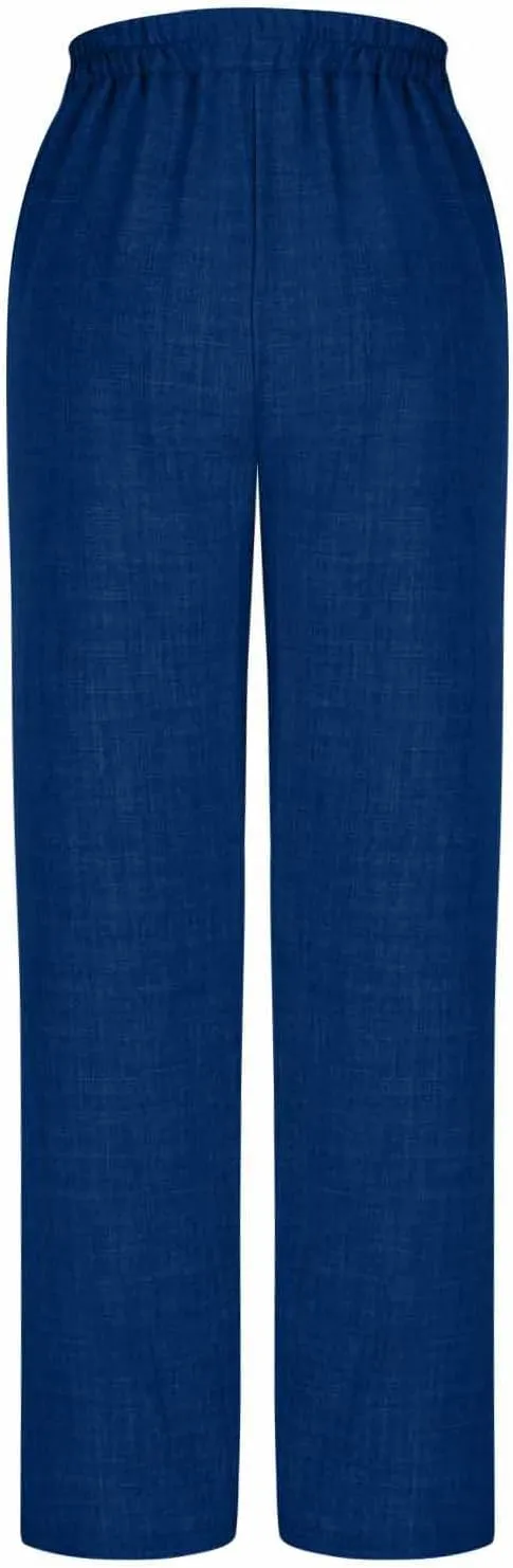 Womens Casual Linen Wide Leg Pants Elastic High Waist Palazzo Trousers Boho Beach Vacation Lounge Slacks with Pocket