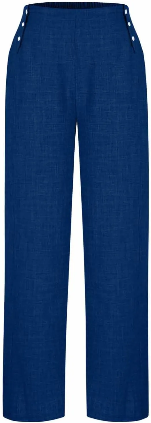 Womens Casual Linen Wide Leg Pants Elastic High Waist Palazzo Trousers Boho Beach Vacation Lounge Slacks with Pocket