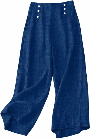 Womens Casual Linen Wide Leg Pants Elastic High Waist Palazzo Trousers Boho Beach Vacation Lounge Slacks with Pocket