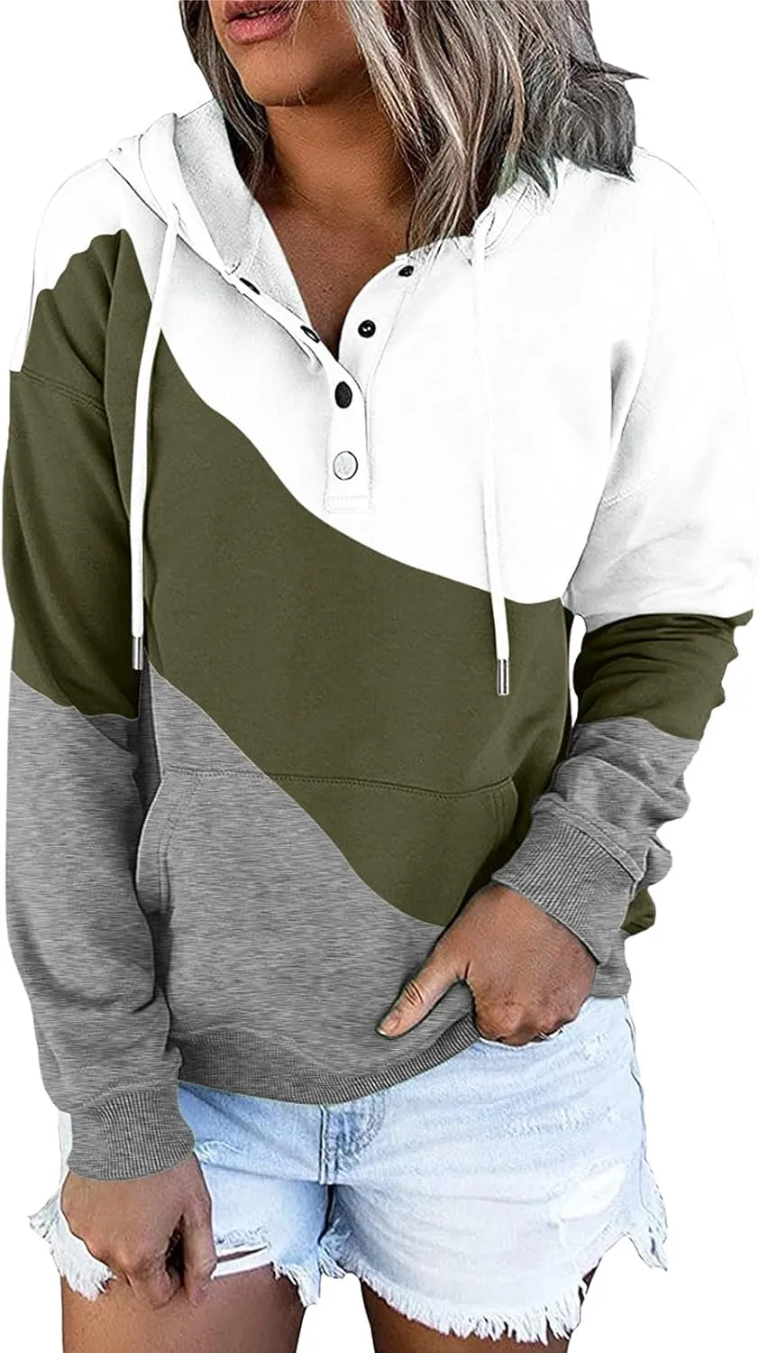 Women's Casual Long Sleeve Hoodies Color Block Button Down Hooded Drawstring Pullover Sweatshirt Tops with Pocket