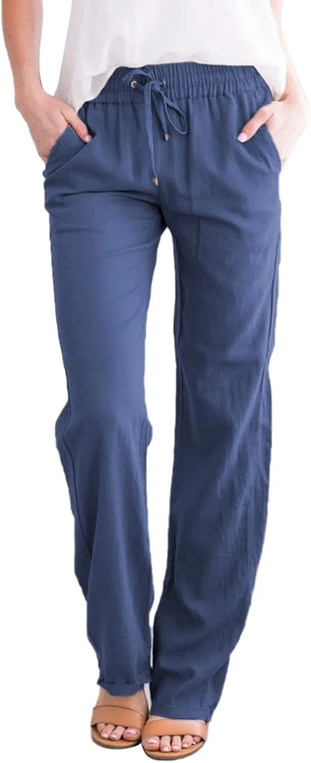 Women's Cotton Linen Palazzo Pants Summer Solid Color Drawstring Wide Leg Loose Beach Trousers with Pockets