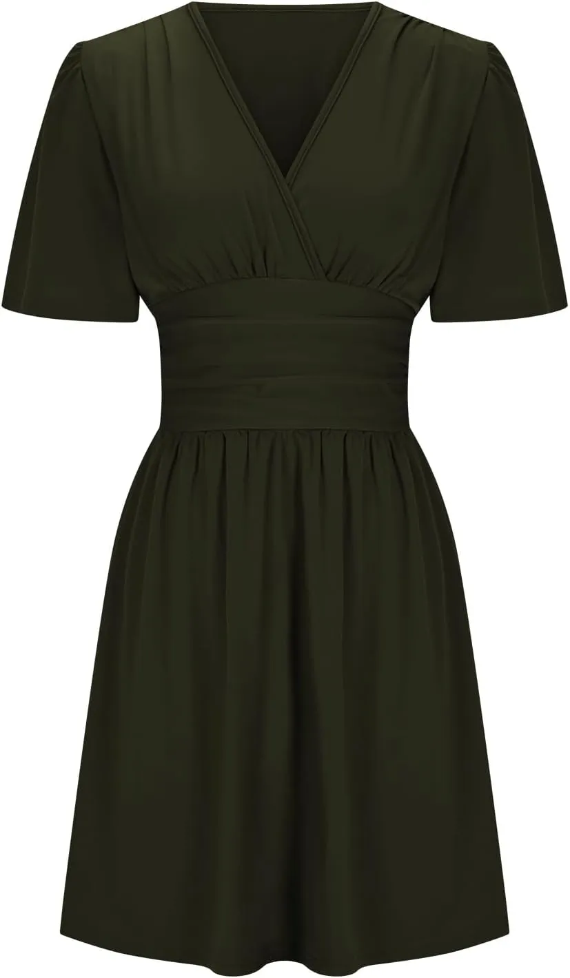 Womens Dresses 2025 Spring Summer Waist Dresses Short Sleeve Deep V Neck Elegant Ruffle Mini Swing Vacation Sundress
