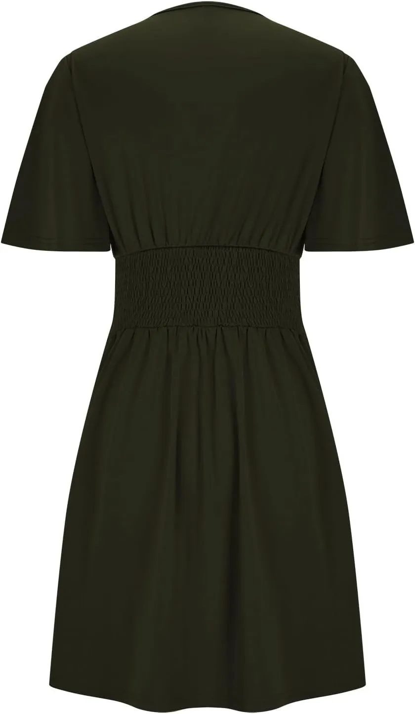 Womens Dresses 2025 Spring Summer Waist Dresses Short Sleeve Deep V Neck Elegant Ruffle Mini Swing Vacation Sundress