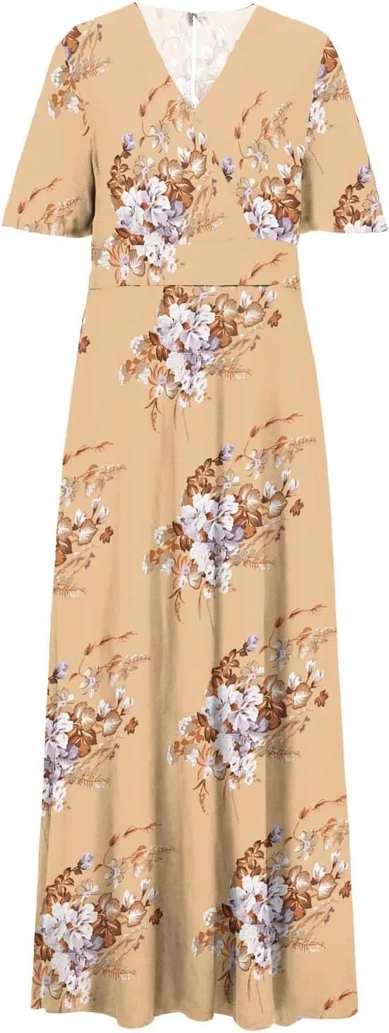 Womens Dresses Summer Plus Size V Neck Floral Print Short Sleeve Boho Dress Empire Waist Side Split Sundresses