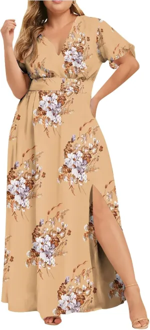Womens Dresses Summer Plus Size V Neck Floral Print Short Sleeve Boho Dress Empire Waist Side Split Sundresses