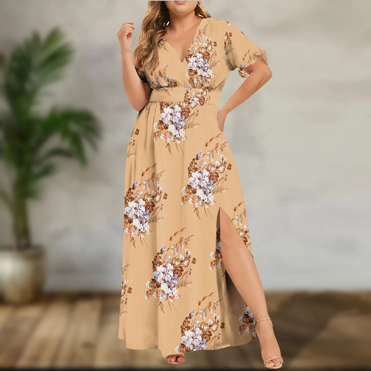 Womens Dresses Summer Plus Size V Neck Floral Print Short Sleeve Boho Dress Empire Waist Side Split Sundresses