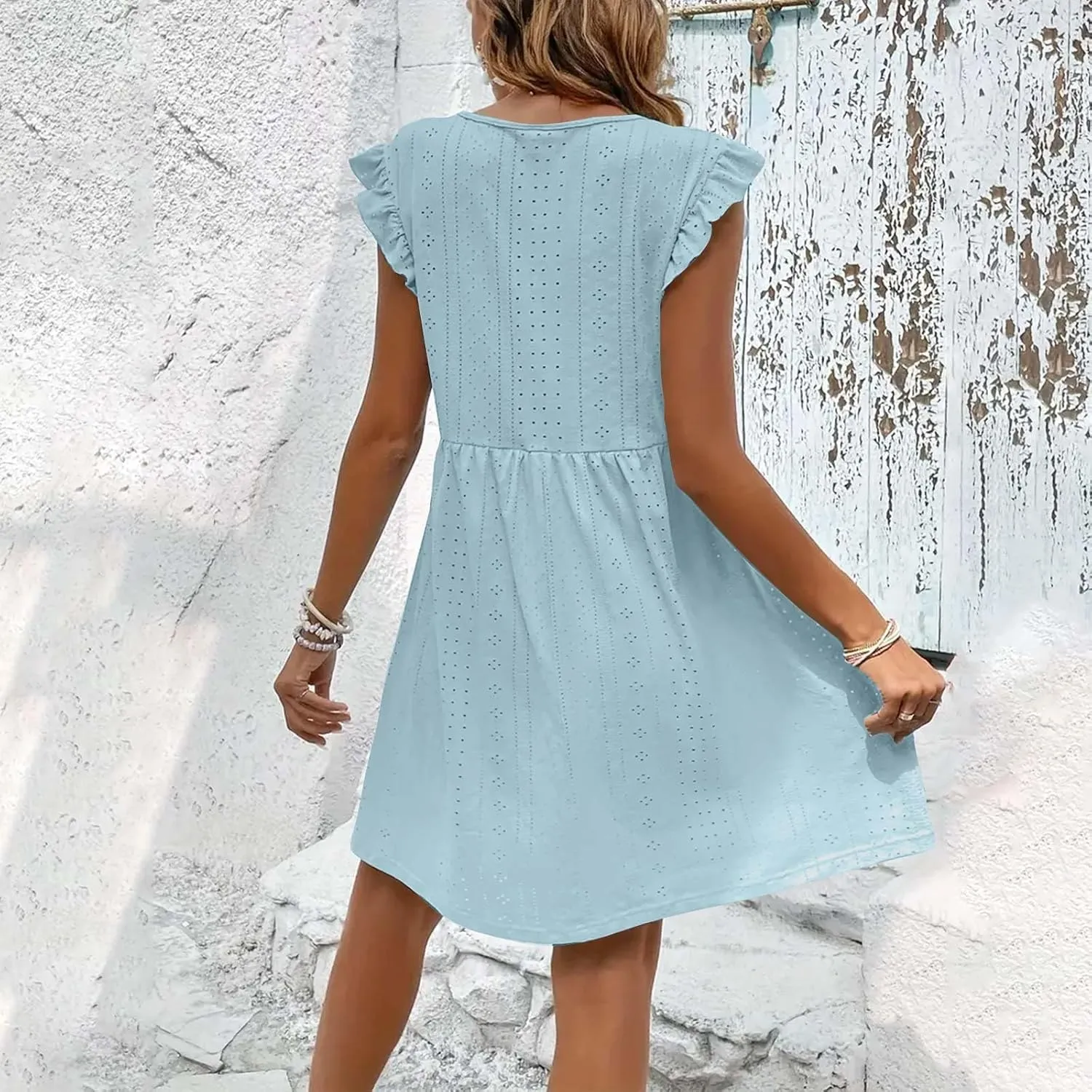 Women's Eyelet Mini Dress Ruffle Cap Sleeve Elegant A-Line Dress Solid Casual Hollow Out Dress Flowy Summer Dress