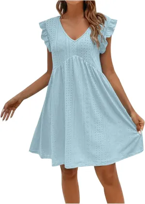 Women's Eyelet Mini Dress Ruffle Cap Sleeve Elegant A-Line Dress Solid Casual Hollow Out Dress Flowy Summer Dress