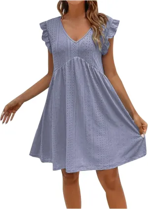 Women's Eyelet Mini Dress Ruffle Cap Sleeve Elegant A-Line Dress Solid Casual Hollow Out Dress Flowy Summer Dress