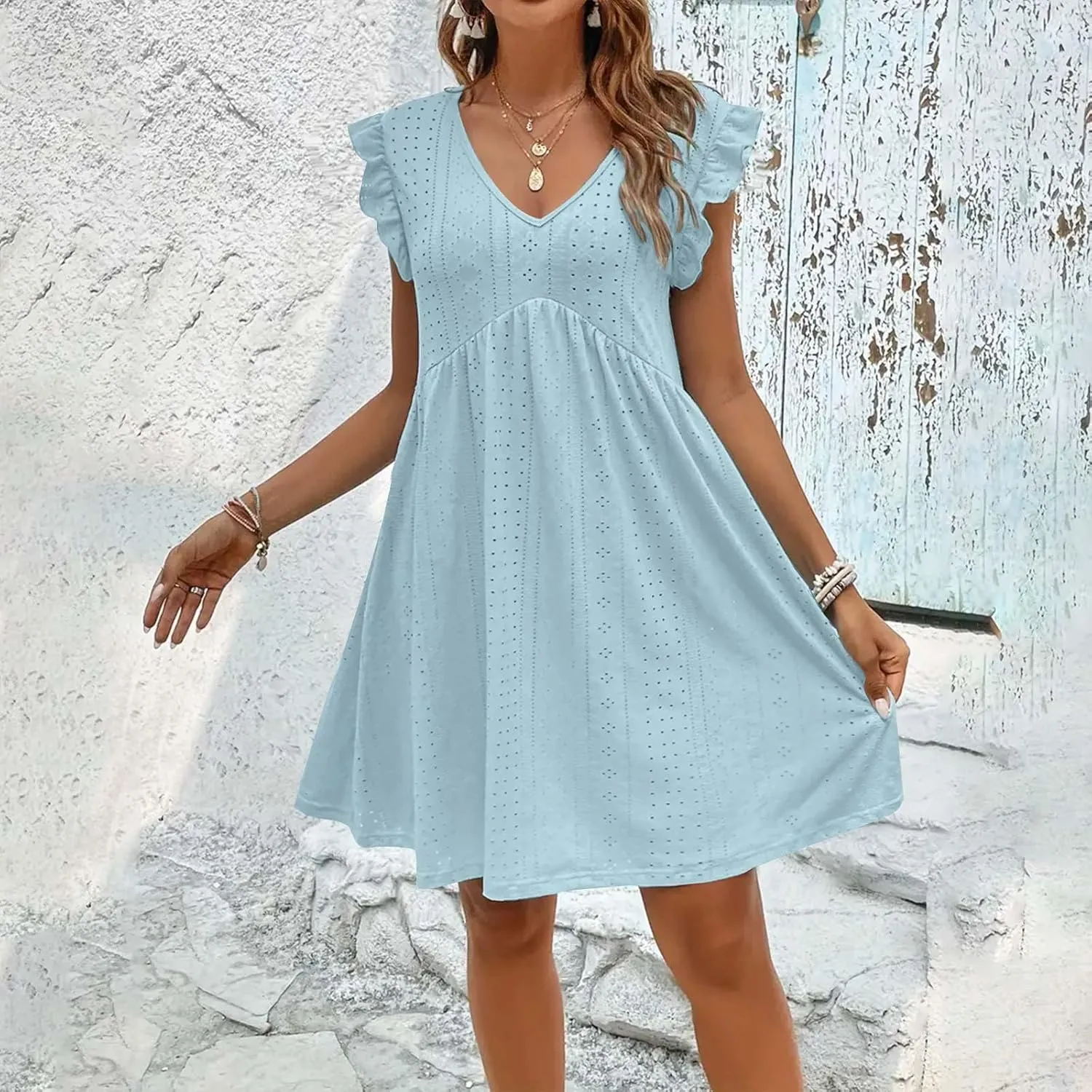 Women's Eyelet Mini Dress Ruffle Cap Sleeve Elegant A-Line Dress Solid Casual Hollow Out Dress Flowy Summer Dress