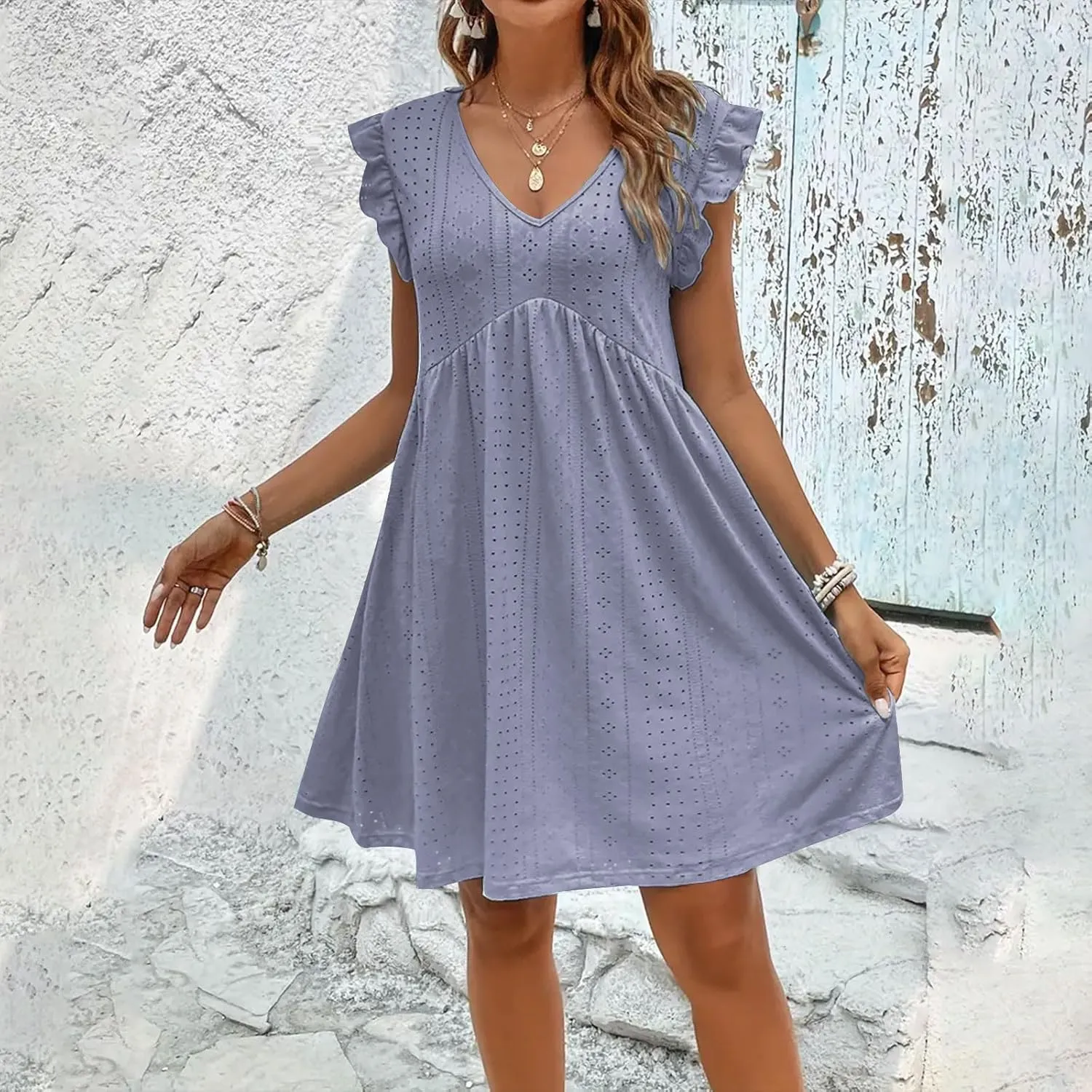 Women's Eyelet Mini Dress Ruffle Cap Sleeve Elegant A-Line Dress Solid Casual Hollow Out Dress Flowy Summer Dress