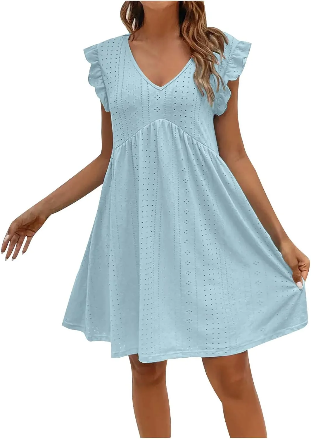 Women's Eyelet Mini Dress Ruffle Cap Sleeve Elegant A-Line Dress Solid Casual Hollow Out Dress Flowy Summer Dress