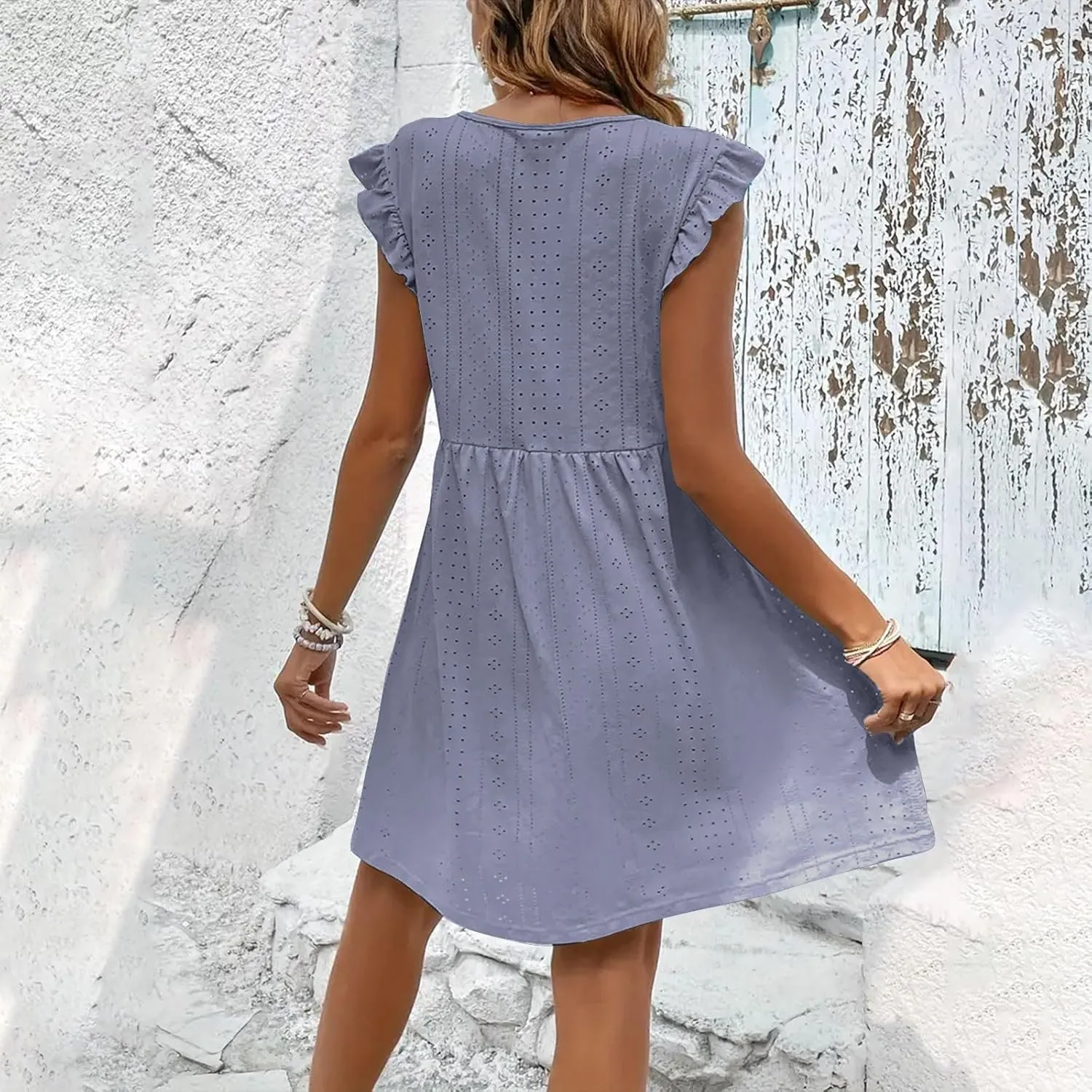 Women's Eyelet Mini Dress Ruffle Cap Sleeve Elegant A-Line Dress Solid Casual Hollow Out Dress Flowy Summer Dress