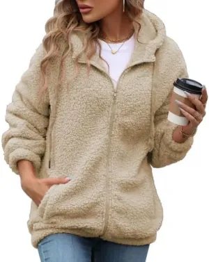 Womens Fleece Jacket Fall Winter Full Zip Sherpa Coat with Hood S-5XL