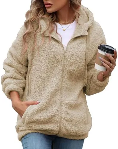 Womens Fleece Jacket Fall Winter Full Zip Sherpa Coat with Hood S-5XL