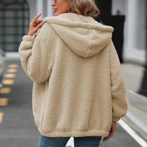 Womens Fleece Jacket Fall Winter Full Zip Sherpa Coat with Hood S-5XL