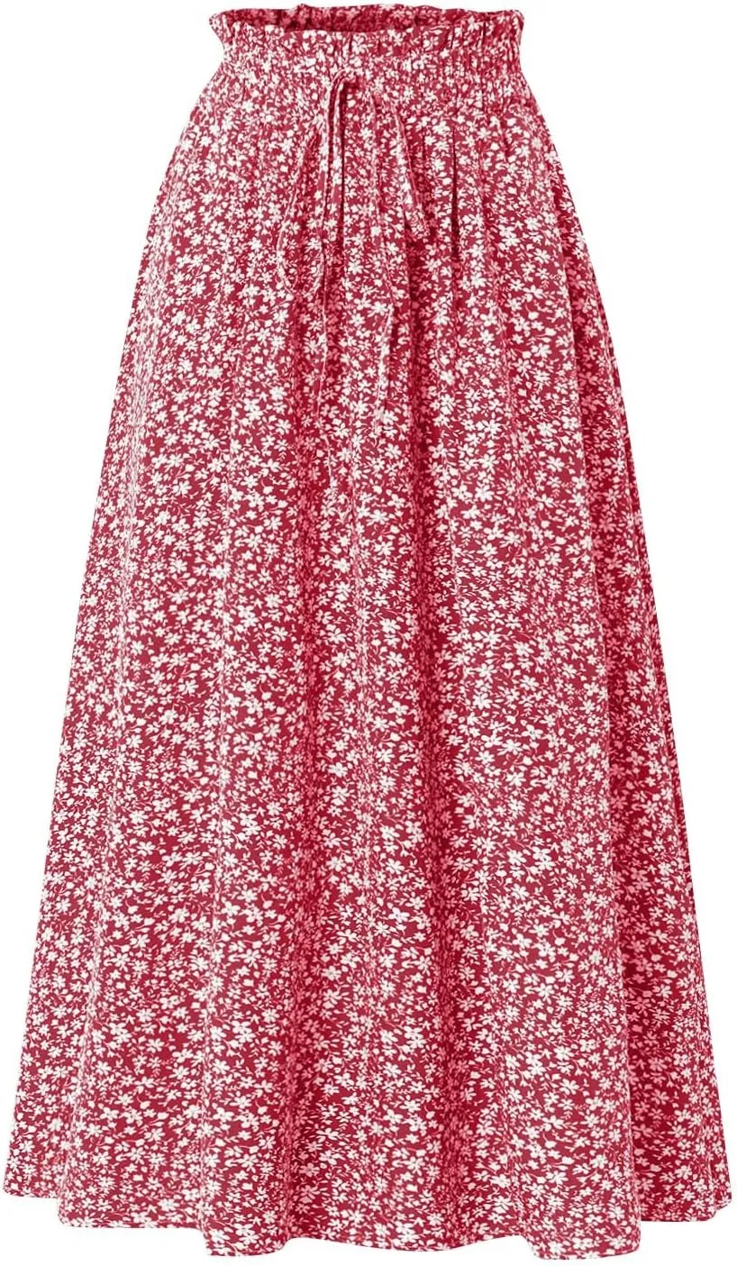 Women's High Elastic Waist Midi Skirt Casual Summer Trendy Tie Front Flowy Ruffle Floral Print A line Skirts