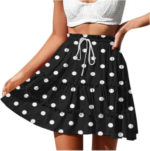 Women's Polka Dot Beach Short Skirts Summer Boho Floral Maxi Skirts Elastic Waist Flowy Swing Pleated Long Skirt
