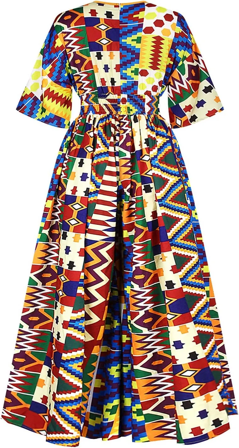 Womens Sexy Boho African Print Jumpsuits V Neck High Waist Wide Leg Long Pants Romper for Casual Party