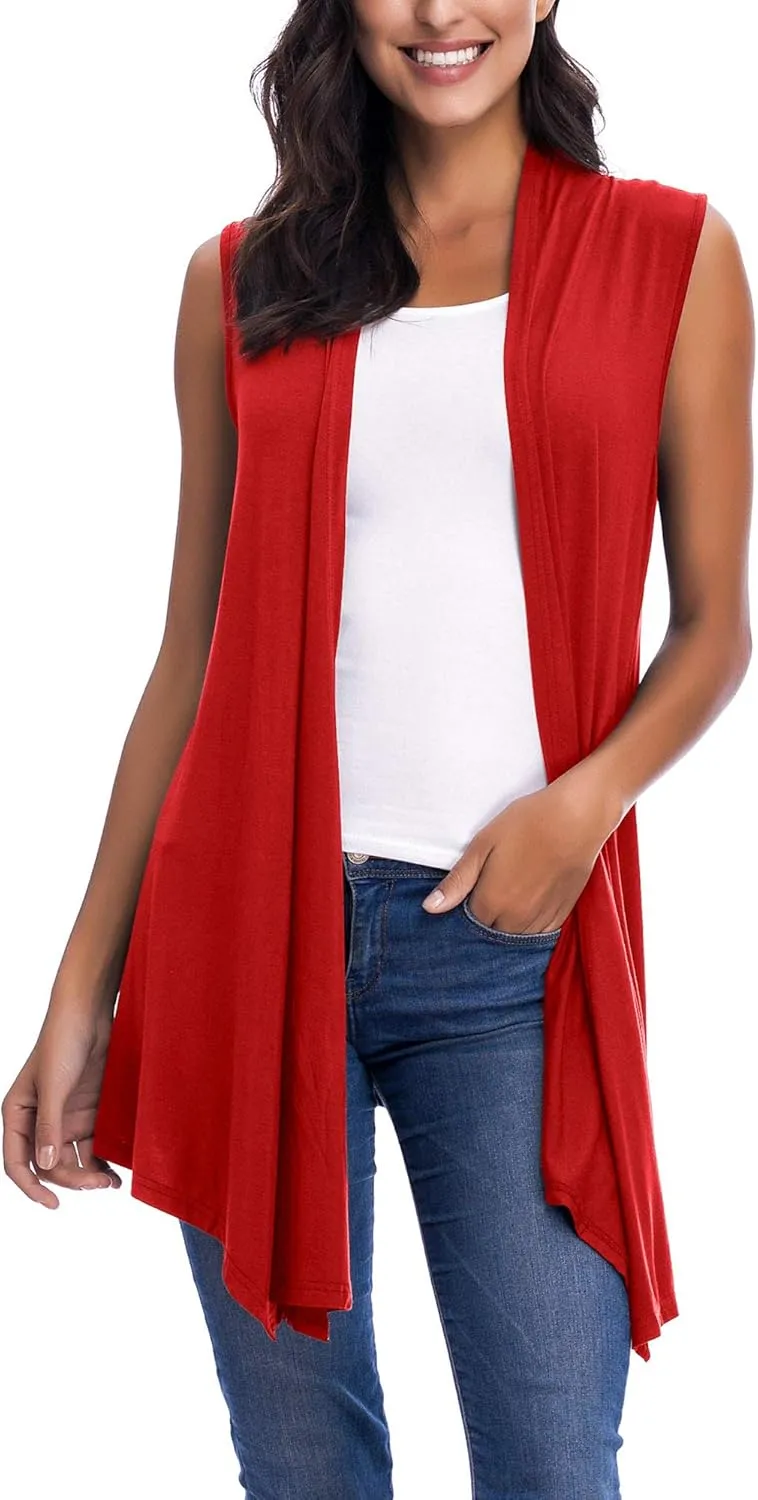 Womens Sleeveless Open Front Draped Asymmetric Hem Cardigan Vest