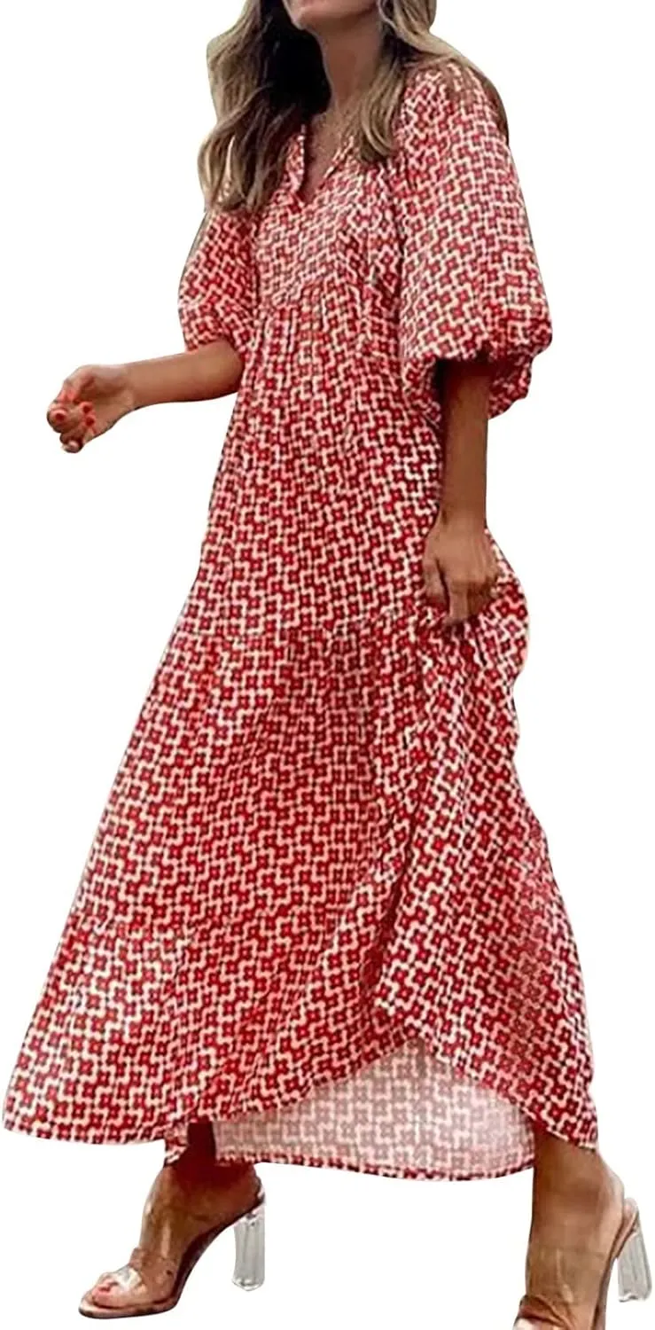 Womens Spring Long Sleeve Maxi Dress Floral Elegant V Neck A Line Tiered Flowy Wedding Guest Beach Vacation Party Dresses