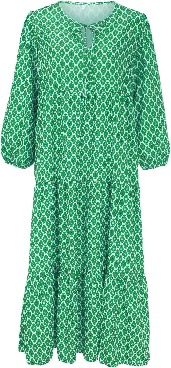 Womens Spring Long Sleeve Maxi Dress Floral Elegant V Neck A Line Tiered Flowy Wedding Guest Beach Vacation Party Dresses