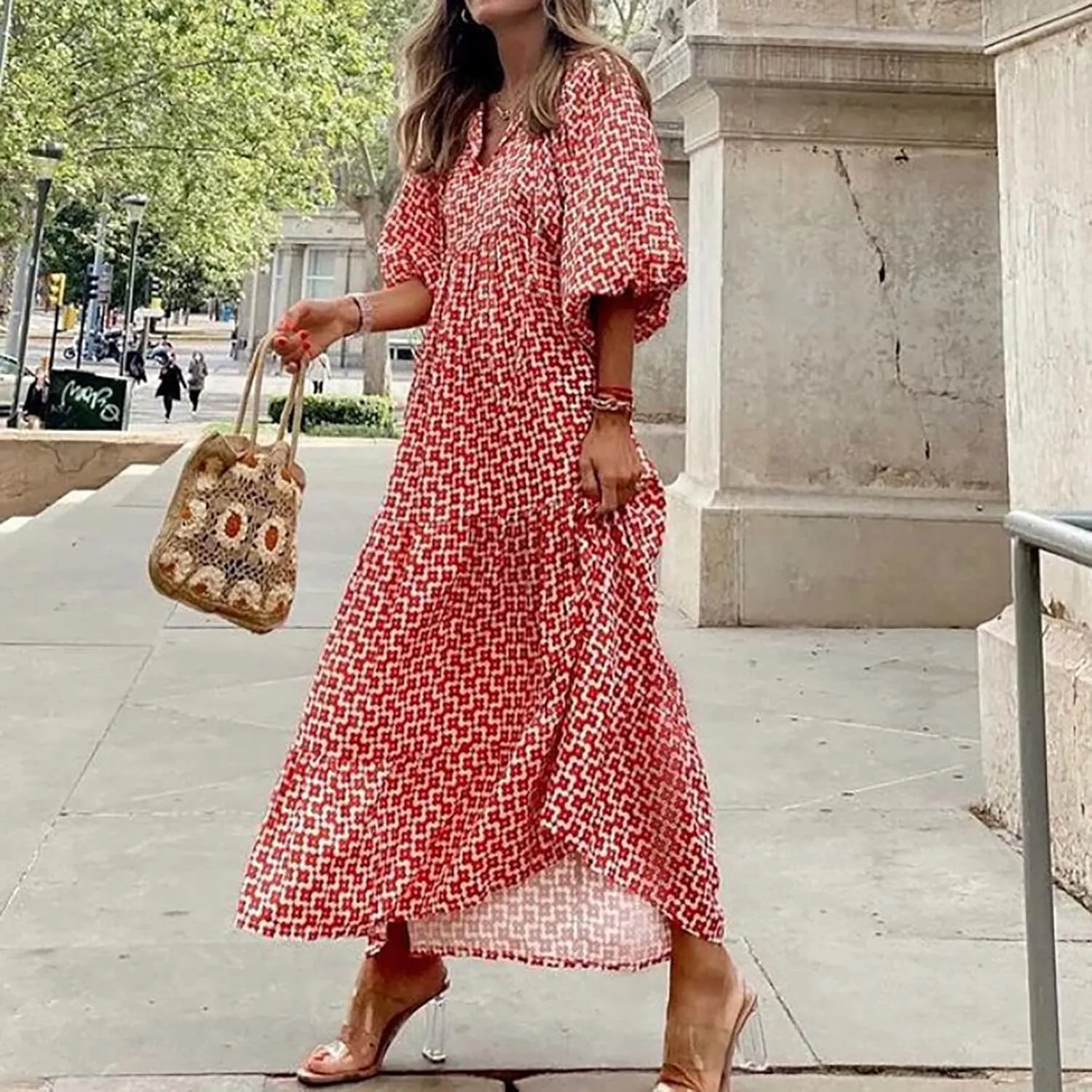 Womens Spring Long Sleeve Maxi Dress Floral Elegant V Neck A Line Tiered Flowy Wedding Guest Beach Vacation Party Dresses